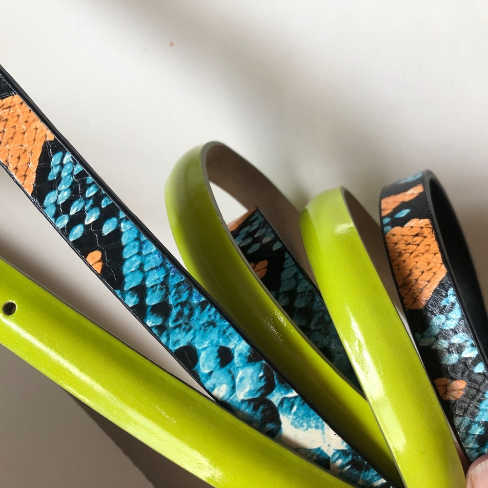 NWT, 2 Skinny Belts (XL) in Chartreuse & Snake Skin Print